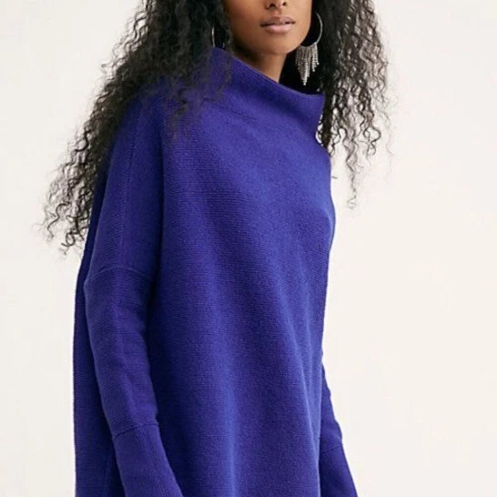 Free People Ottoman Slouchy Ribbed Mock Neck Sweater Tunic In BLUE S